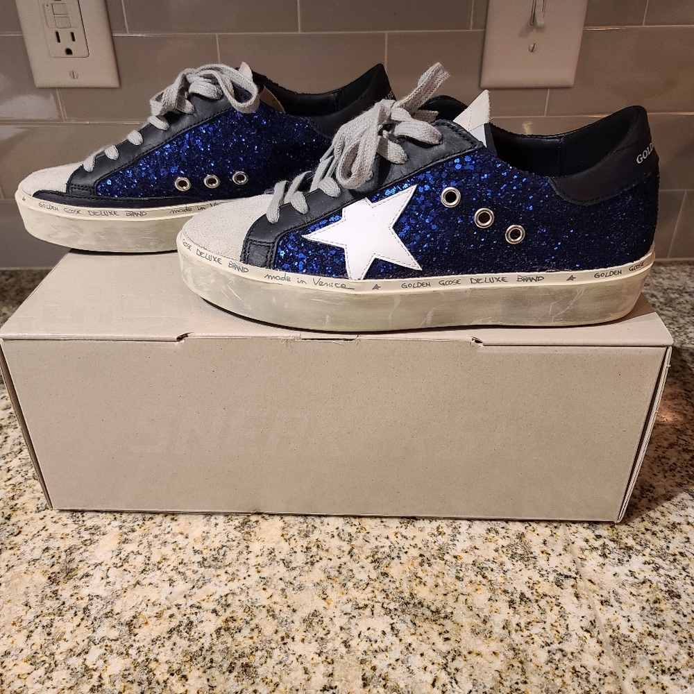 Golden Goose Hi-star Navy Glitter Shoes
